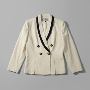Suitsme Vintage Double Breasted Blazer Ivory Navy Shawl Lapel Made in USA Size 6